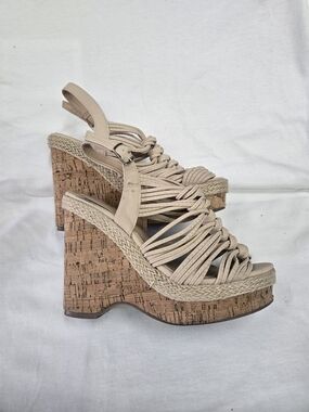 Chase + Chloe Beige Braided Cork Platform Wedge Sandals